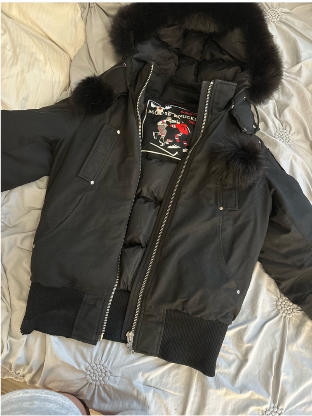 Moose Knuckles Black Fur-Trim Puffer Bomber Jacket